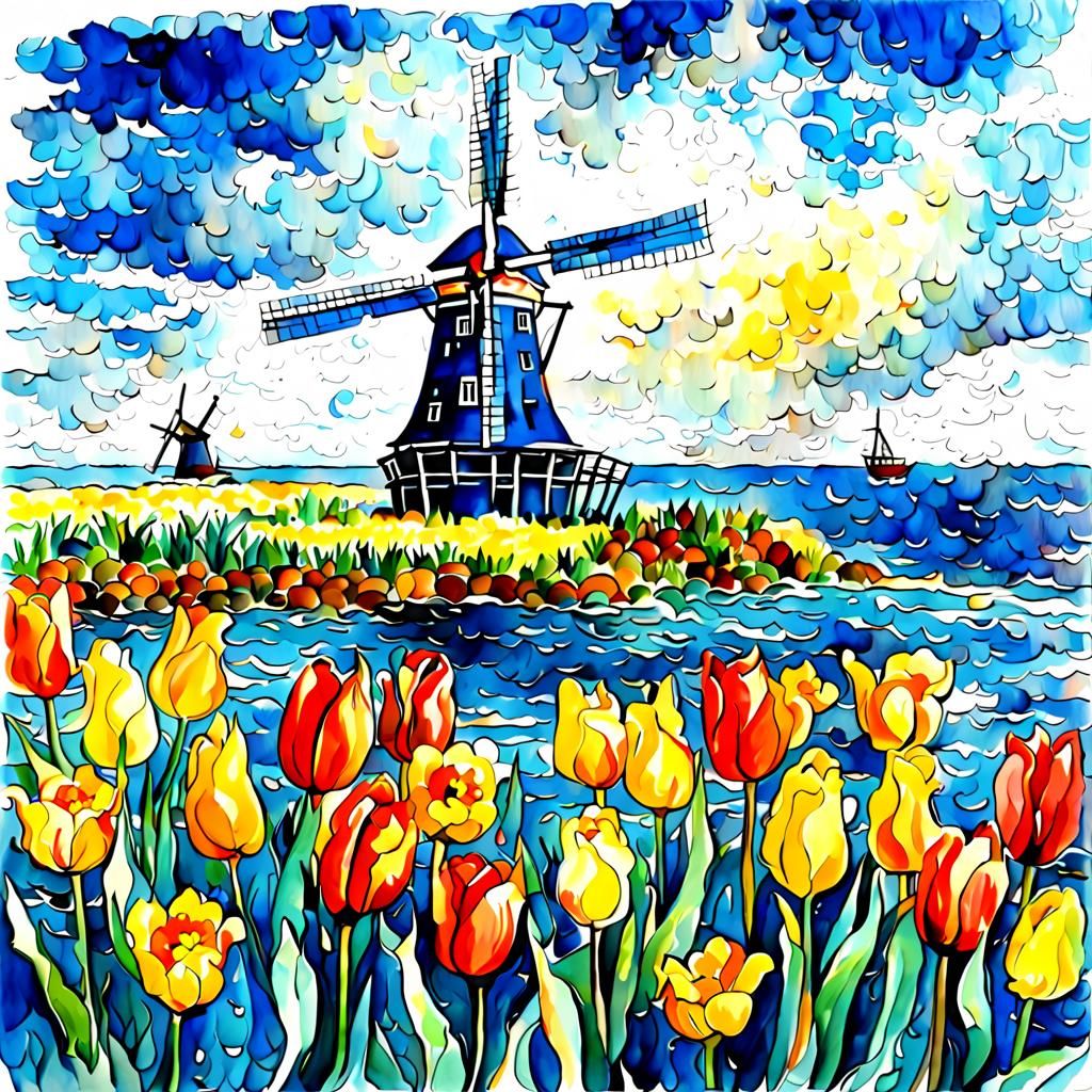 Dutch Windmill in Van Gogh Watercolor Style