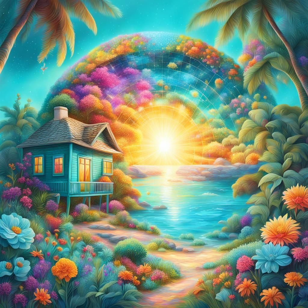 Turquoise Beach Cottage with Colorful Astral Garden