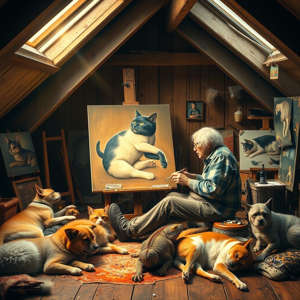 Whimsical Attic Studio Scene in Warm, Cinematic Light