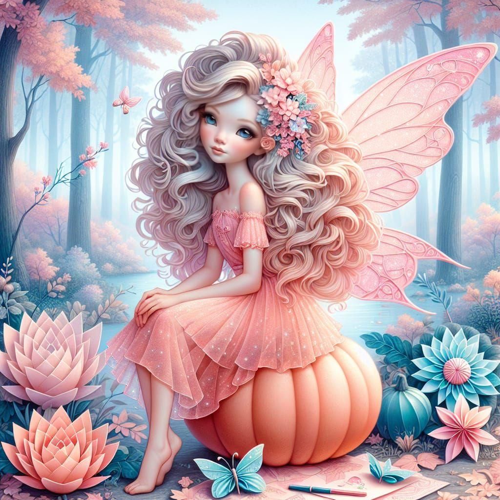 Adorable Fairy with Kirigami Flowers on Pumpkin
