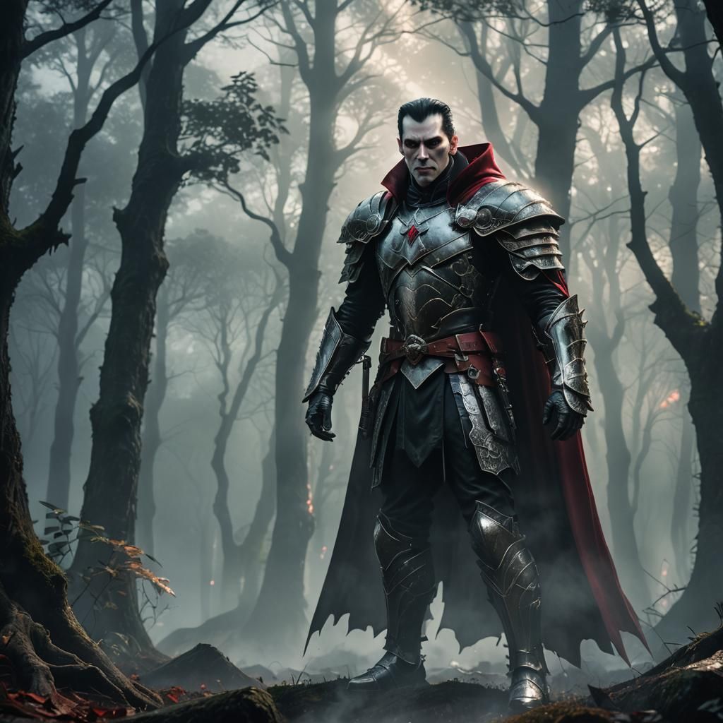 Dracula as Armored Warrior in Misty Forest