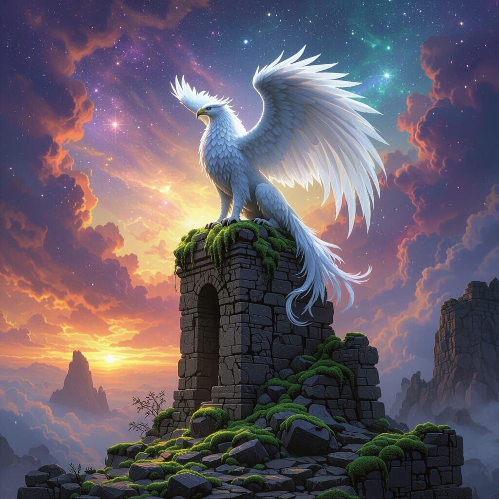 Ethereal Griffin Perched on Ancient Ruins