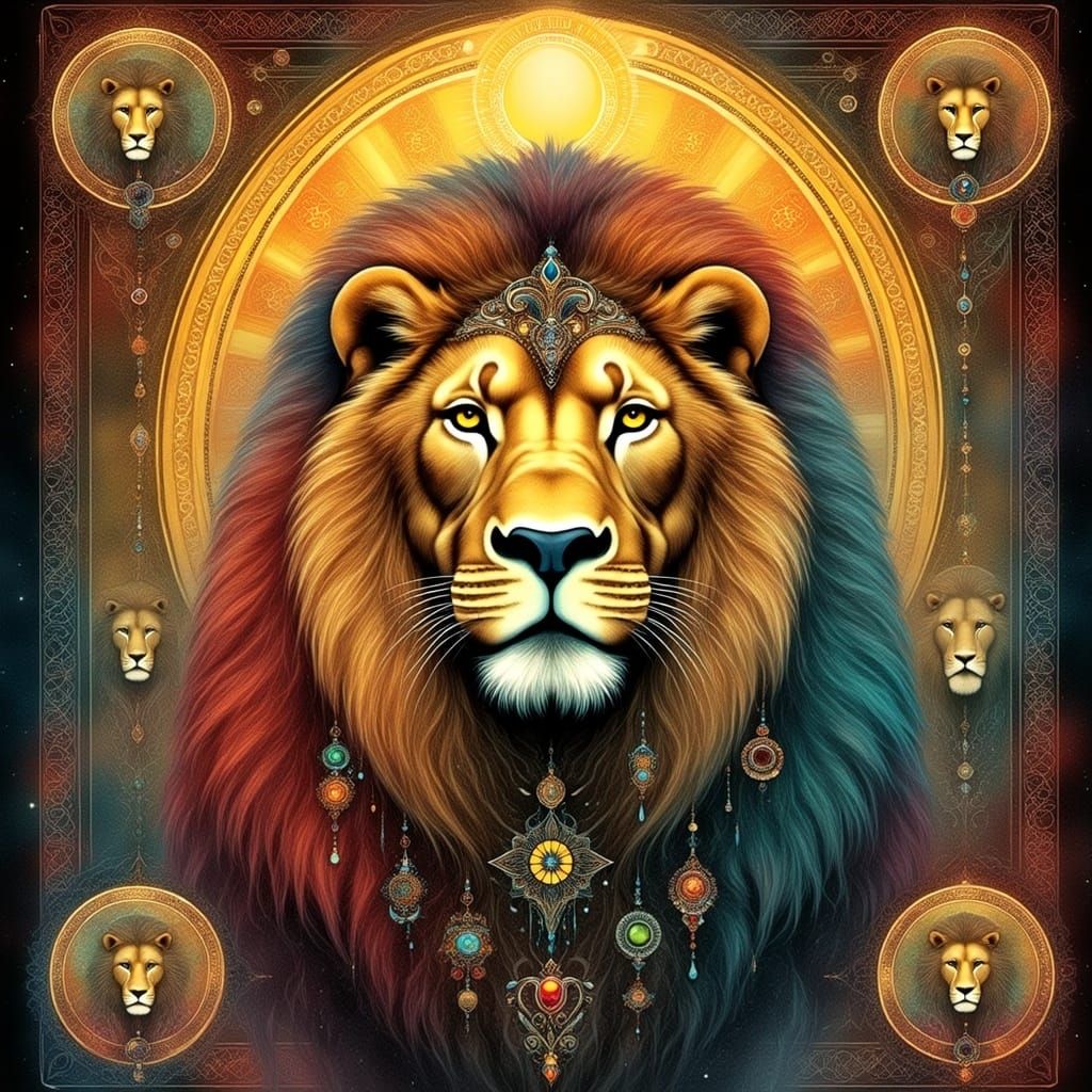 <lora:Archetypal Images:1.0> picture of a lion Extraordinary intricate details Highly decorative ornamentation filigree ...