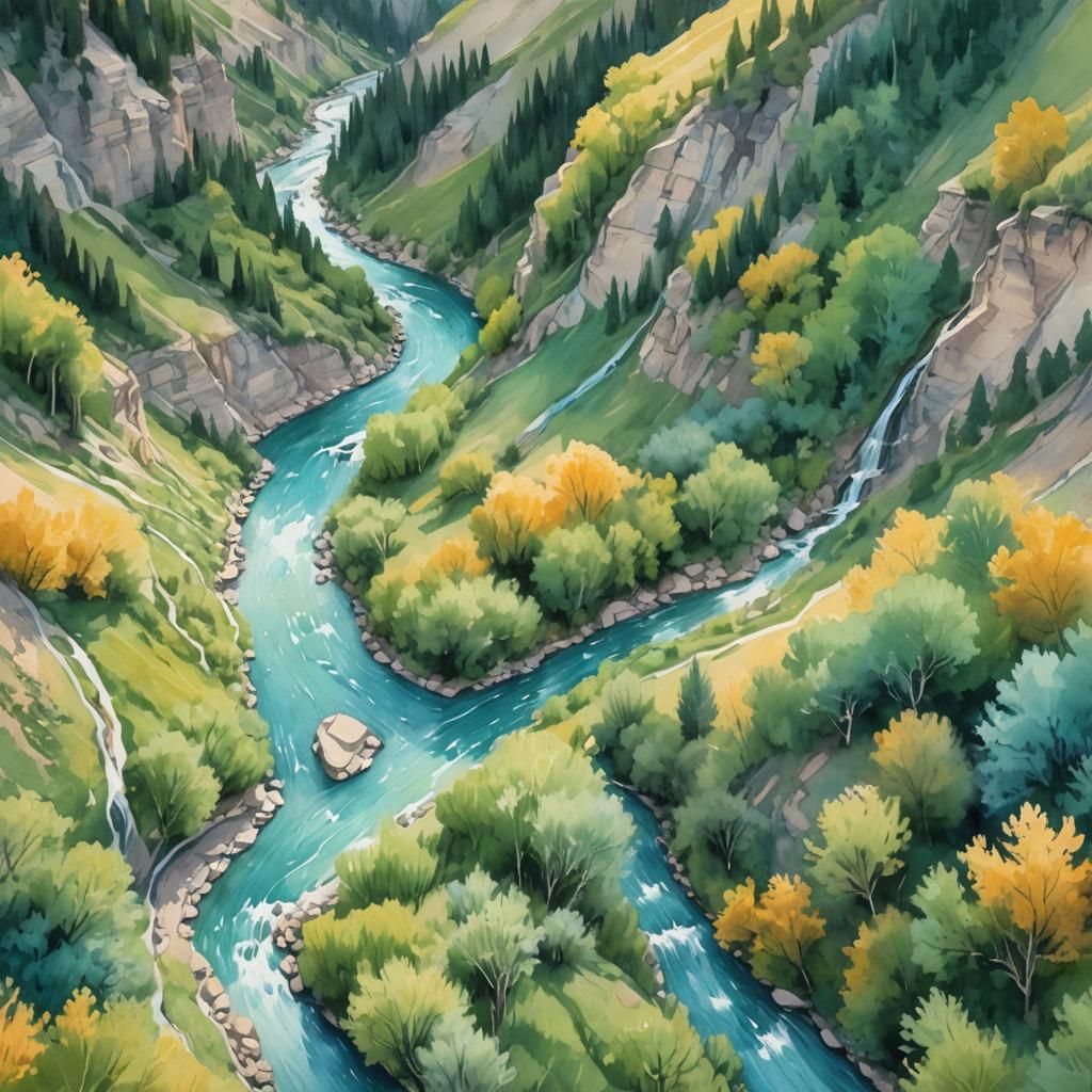 Magical River Flowing Down Mount Timpanogos in Watercolor