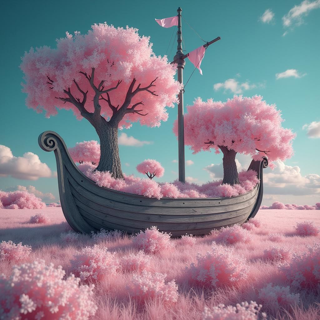 Surreal Ship Sailing Through Pink Clouds