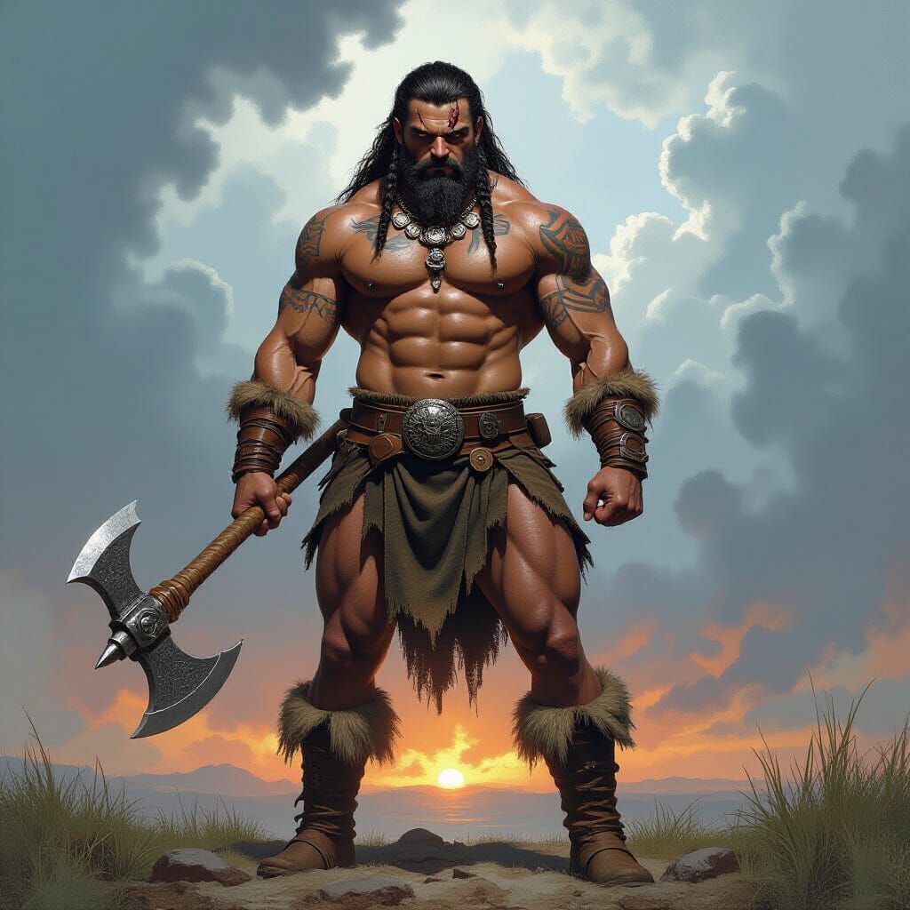 Barbarian with Axe Against Stormy Sky in Hyperrealism