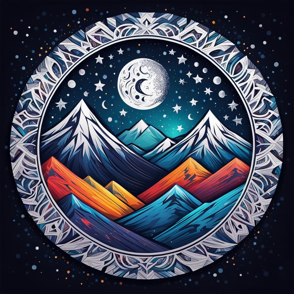 Tribal Logo of Stars, Moon and Mountain