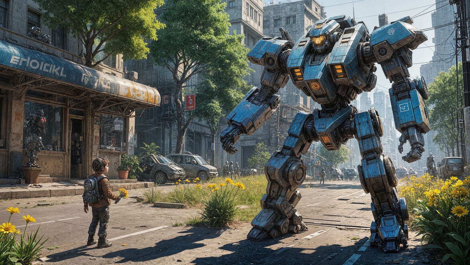 Mecha Robot Offers Flower, Impasto Brushstrokes