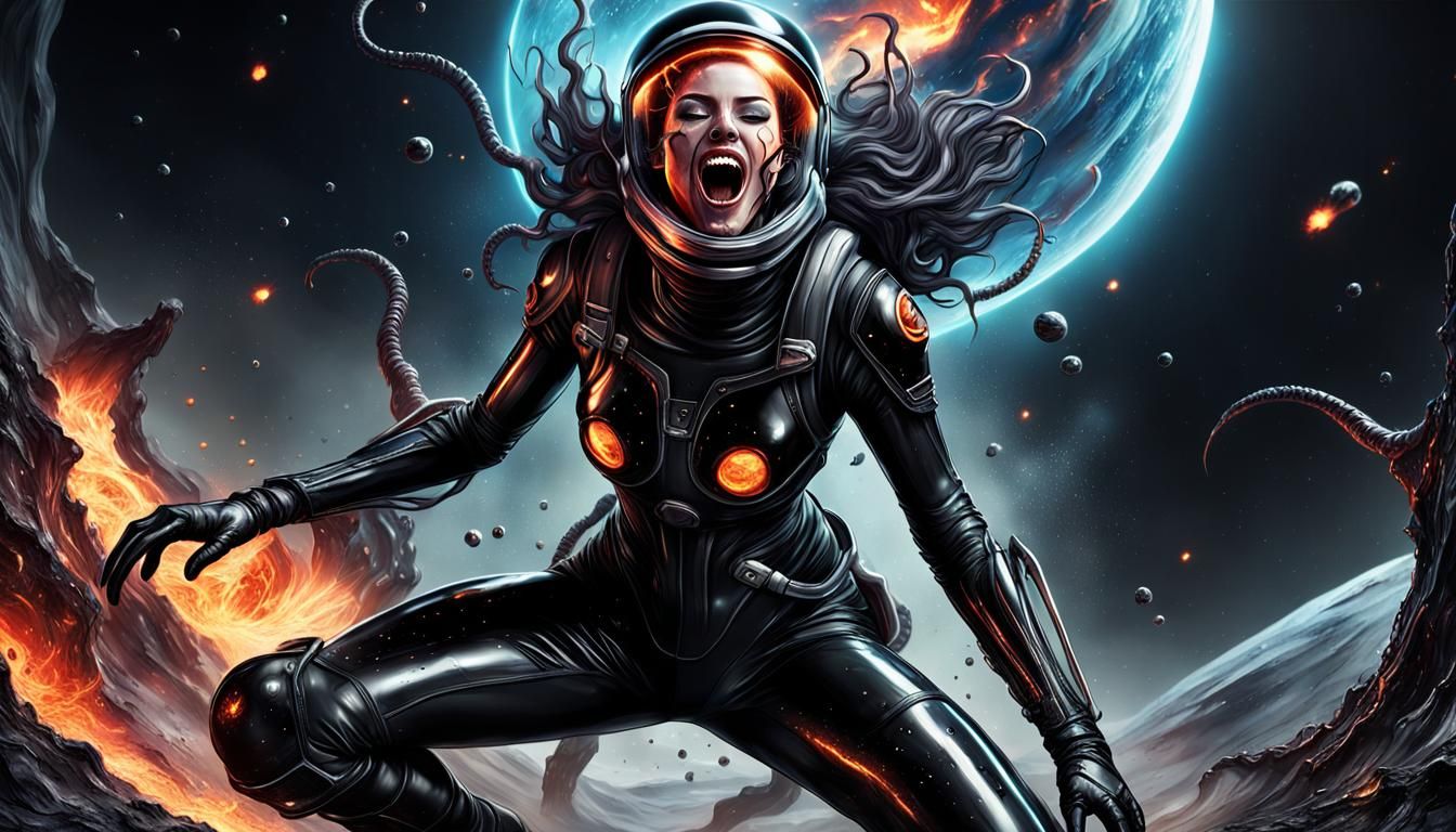 Girl Screaming on Alien Planet in Hyperrealistic Style