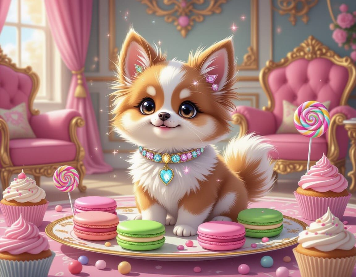 Magical Pet Surrounded by Desserts in Whimsical Style