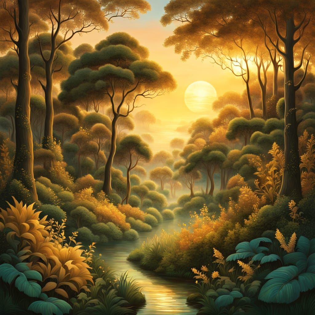 Mystical Forest Landscape in Naïve Art Style