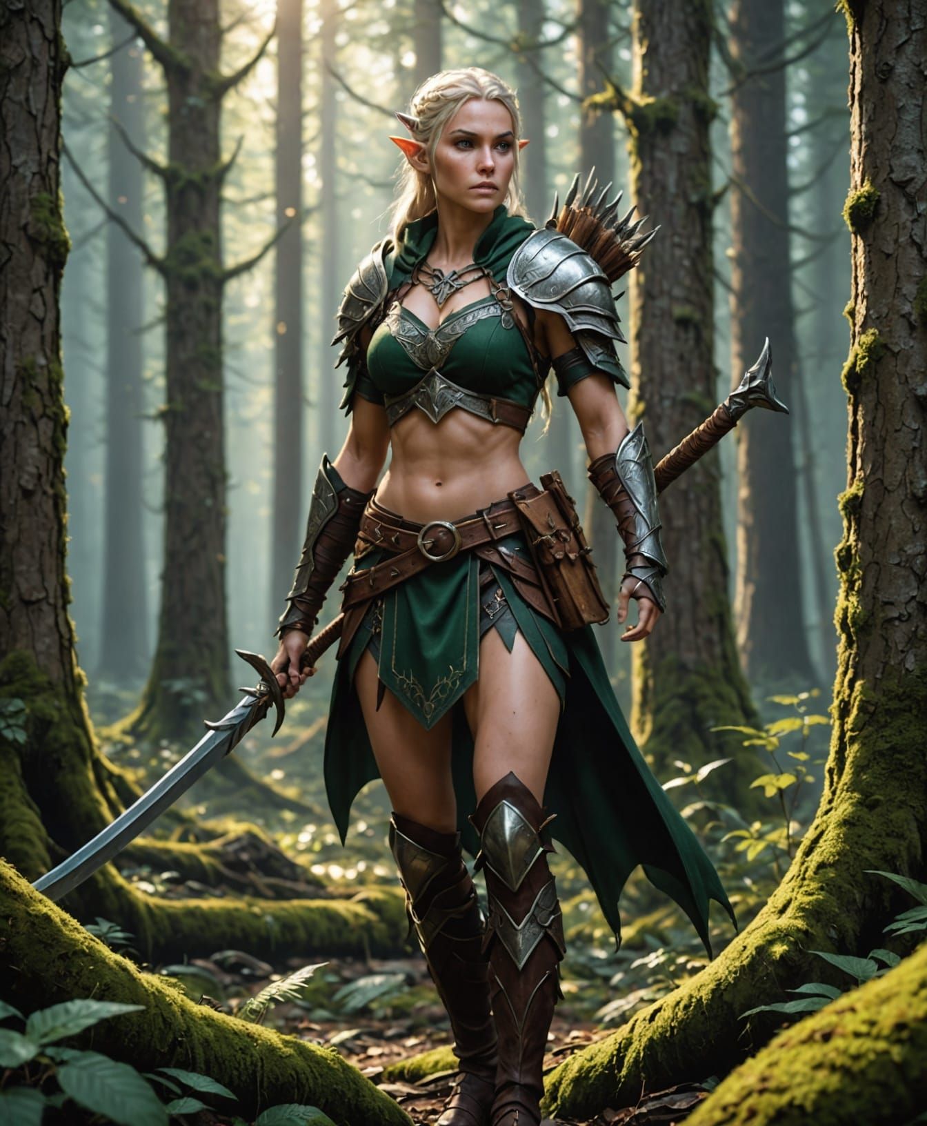 Female Elven barbarian in old growth forest