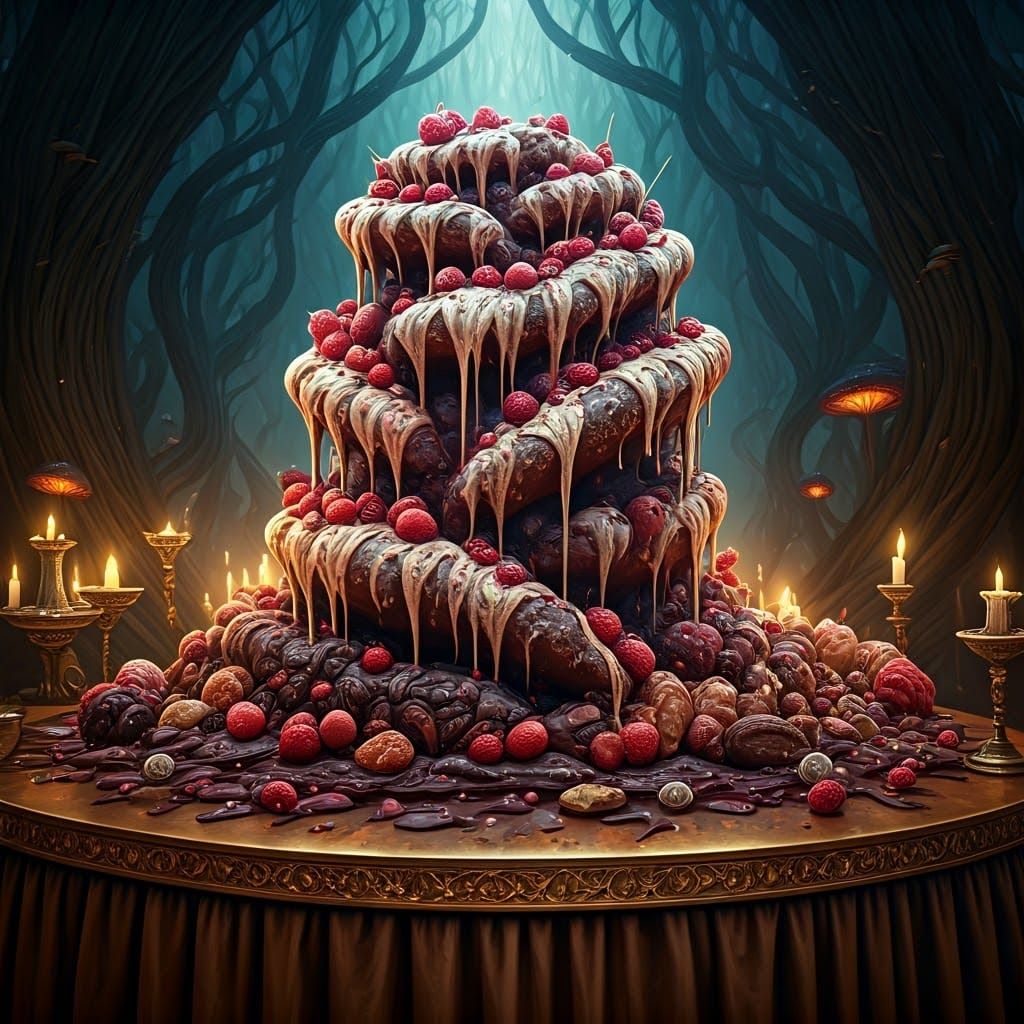 Twisted Dessert Monstrosity in Dark Fantasy Landscape