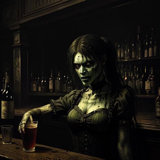 Zombie Barmaid in Haunted Bar: Gothic Horror Illustration