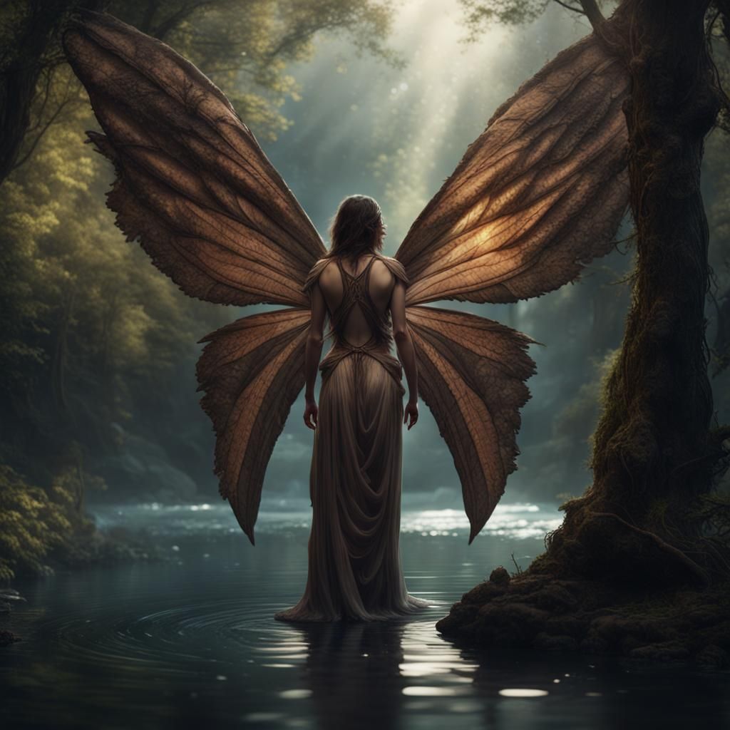 Winged Woman Emerges from Cocoon in Forest