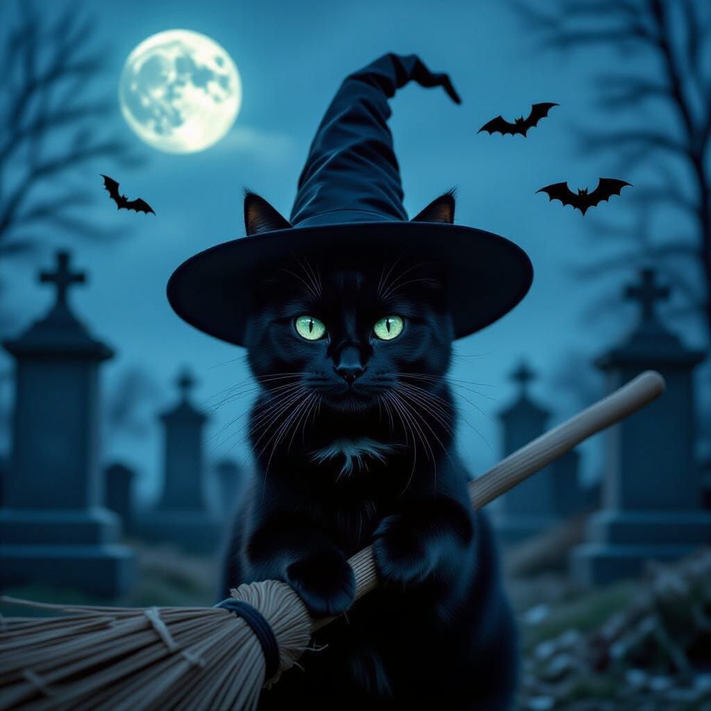 Black Cat with Witch Hat in Moonlit Cemetery