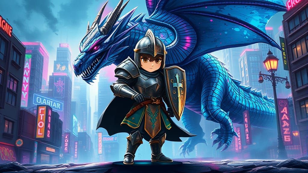 Cyber Knight Triumphs with Chibi Dragon in Neon City
