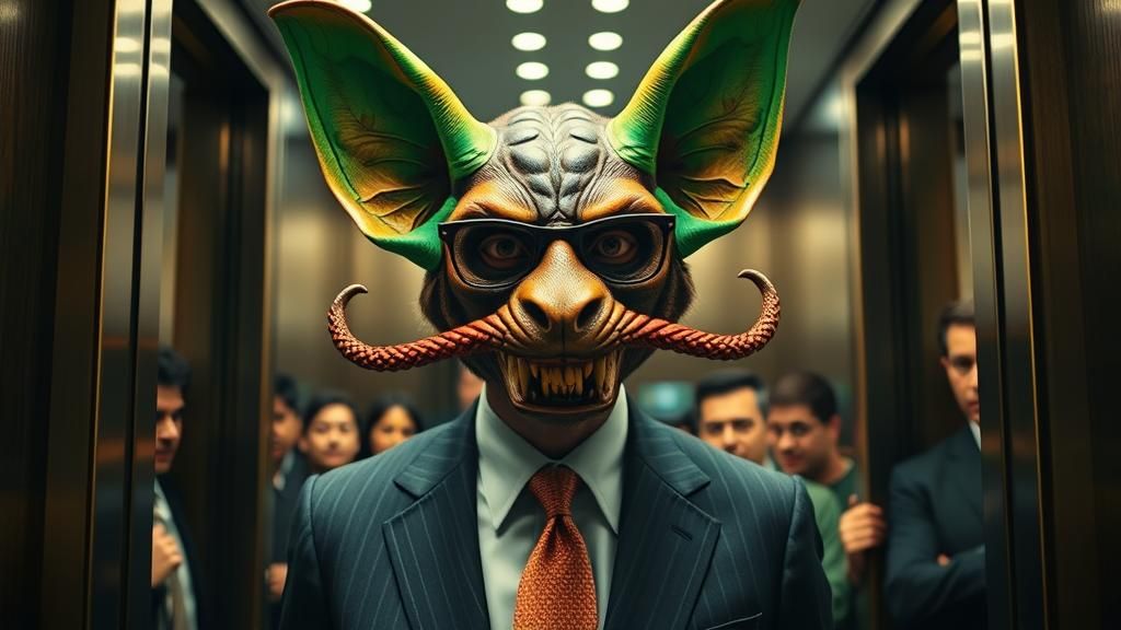 Surreal Stockbroker with Bat Mask in Elevator