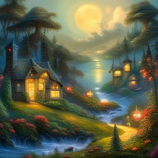 Mushroom Treehouse Village Under Moonlight: Fantasy Art