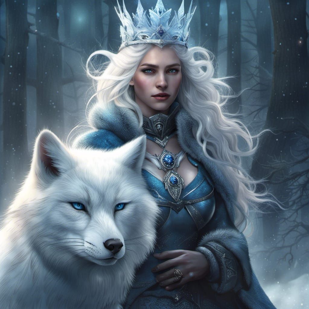 Winter Queen on Arctic Fox, Dark Fantasy Art