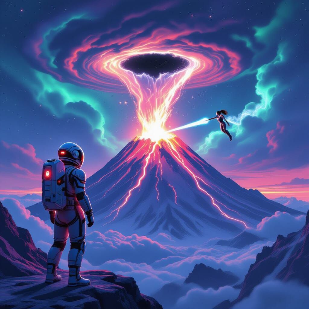 Astronaut & Iron Woman at Bioluminescent Alien Volcano