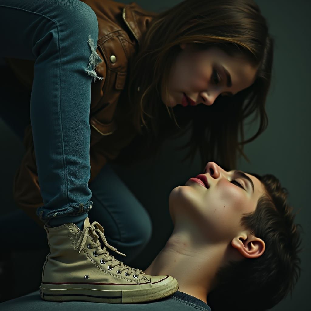 Teenage Girl Stepping on Face in Cinematic Style