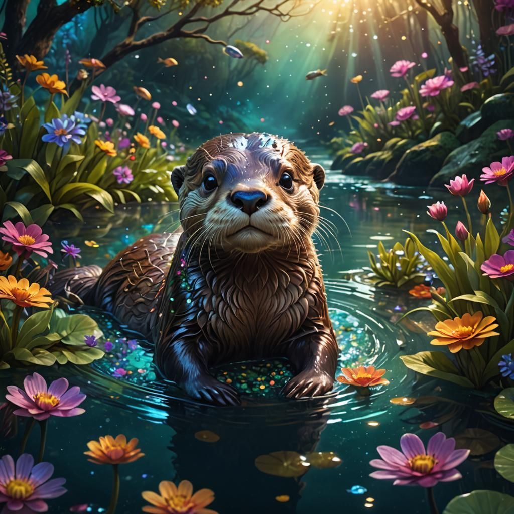 Enchanted Otter in a Sparkling River Garden
