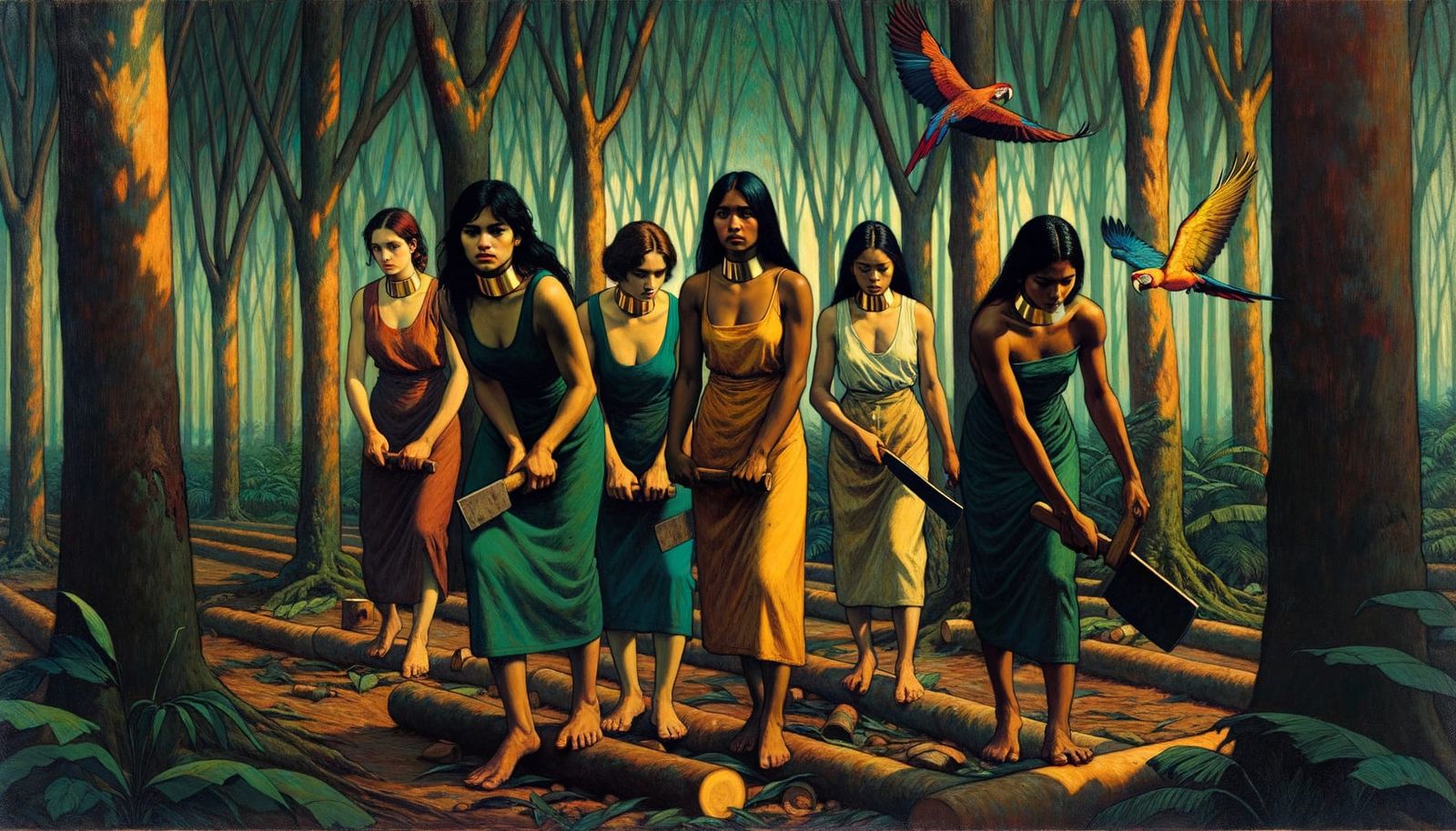 Women Working in Rainforest, Post-Impressionist Style