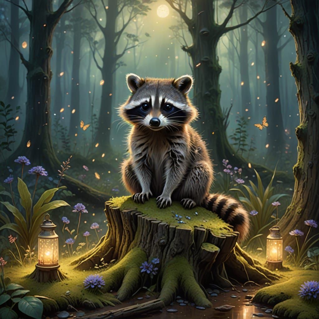 Whimsical Raccoon in Enchanted Forest