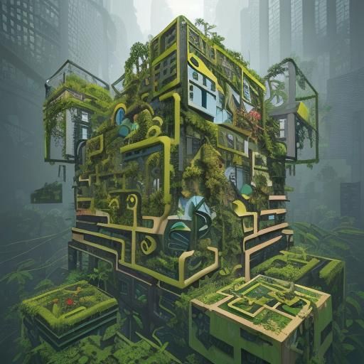 Overgrown City in Cubist Art Deco Style