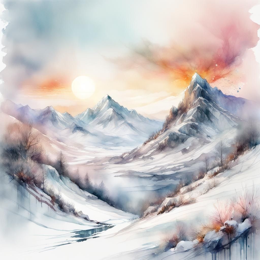 Winter Mountain Sunrise in Digital Watercolor Style