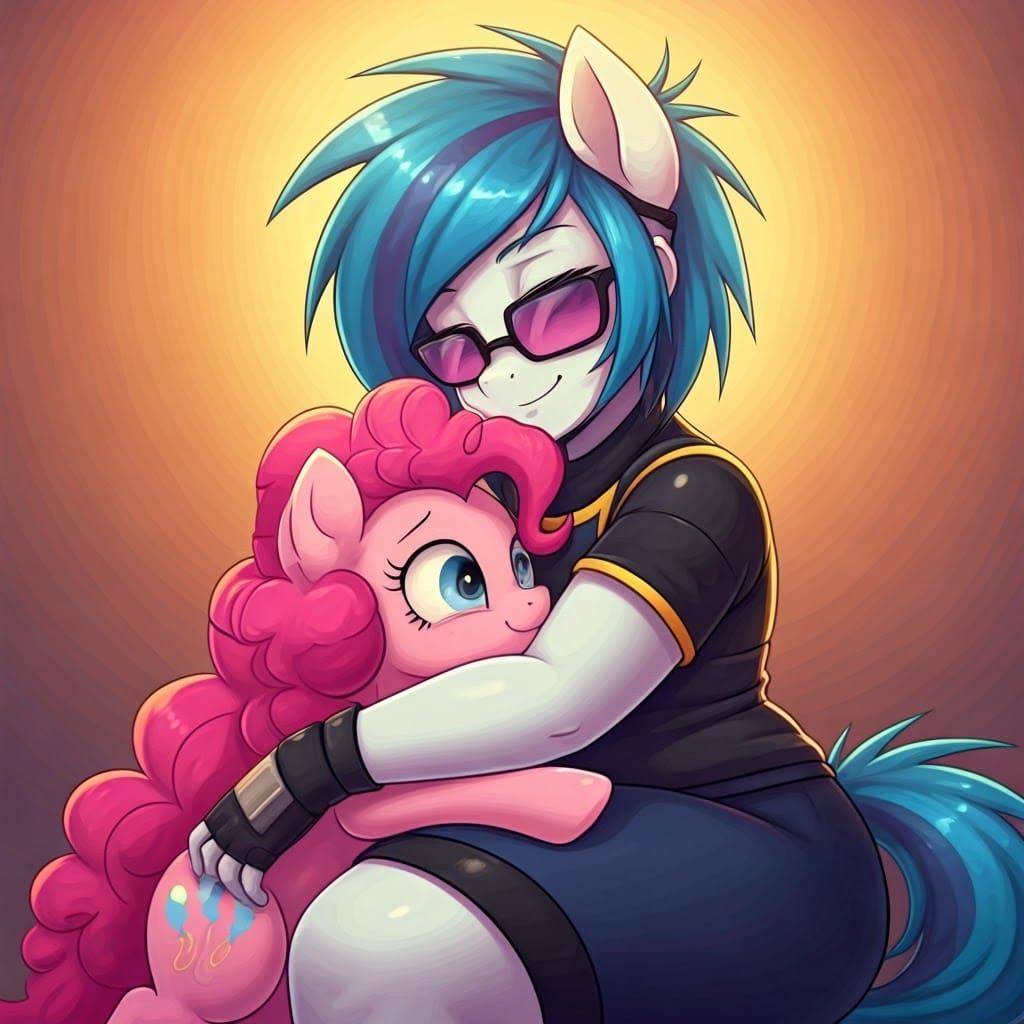 Happy Vinyl Scratch Snuggling Pinkie Pie in Anime Style