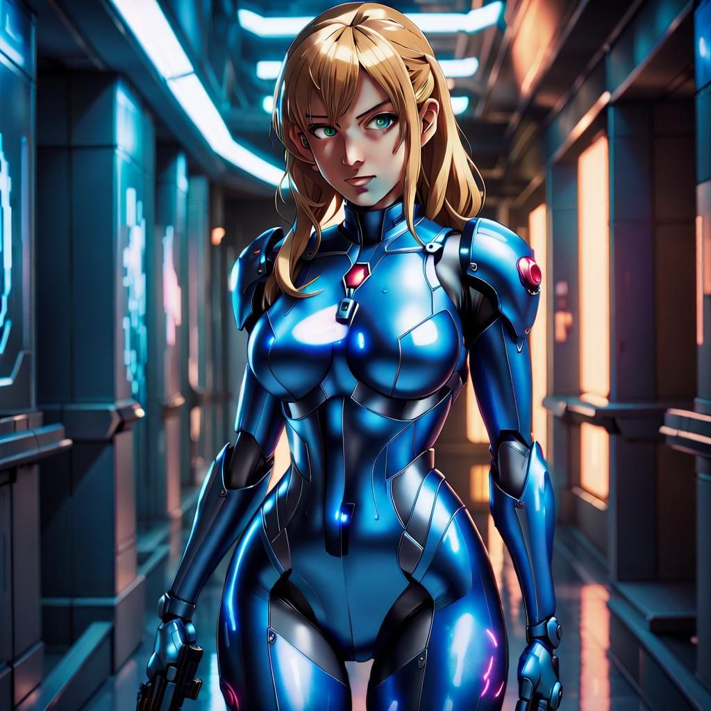 Confident Samus Aran in Futuristic Anime Style