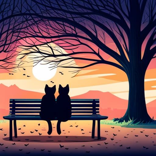 Black Cats Feeding Pigeons at Sunset