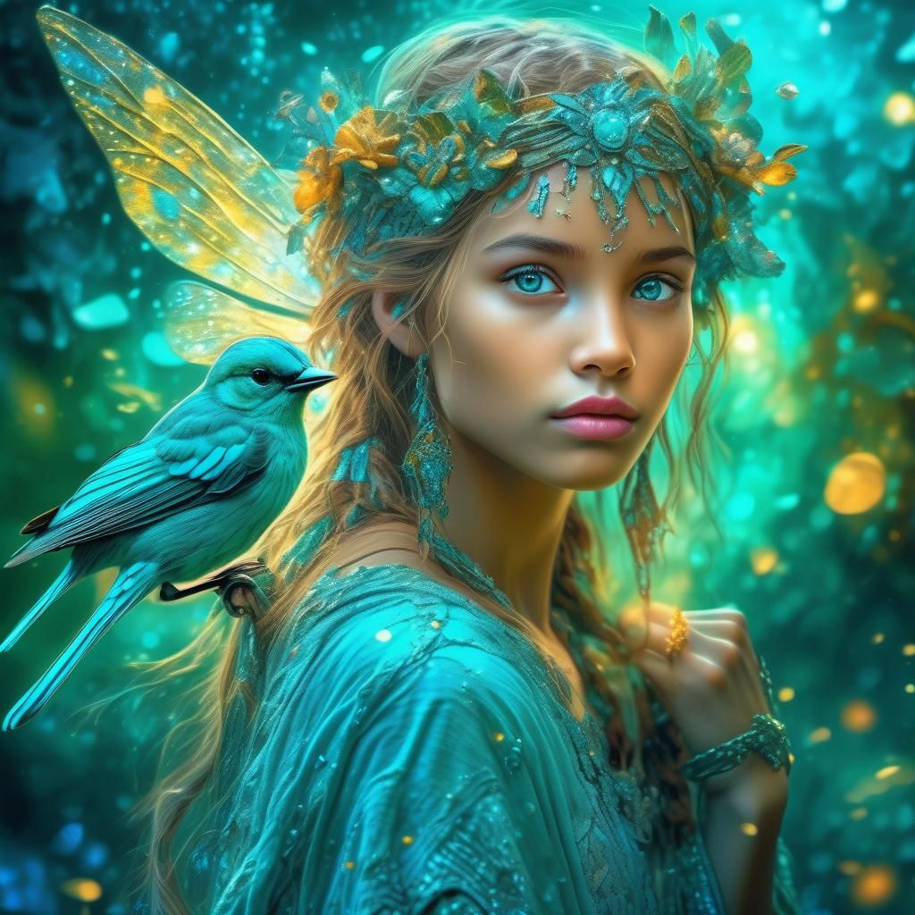 Beautiful Fairy Girl with Turquoise Bird in Fantasy Art