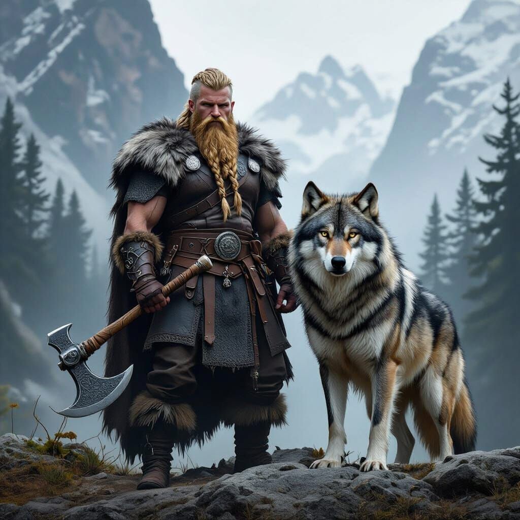 Viking Warrior and Wolf in Moody Mountain Forest