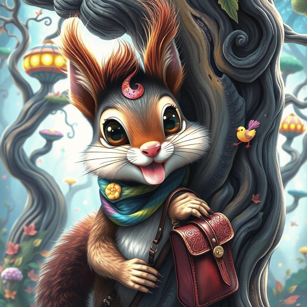 Whimsical Magical Forest Scene with a Curious Squirrel