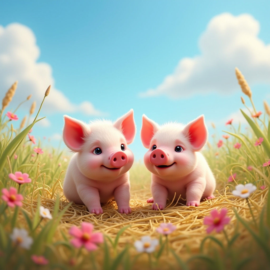 Happy Piglets Play in Wildflower Meadow