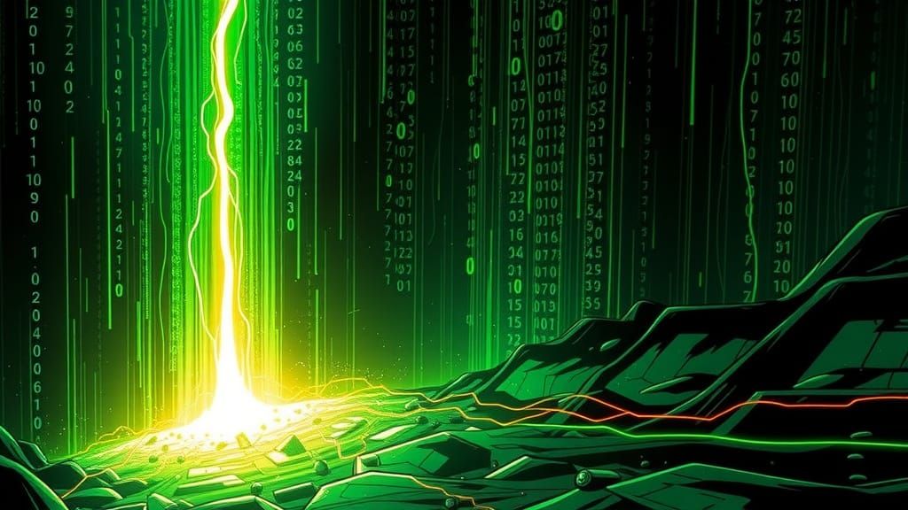 Surreal Neon Waterfall Cascades Down Dark Void