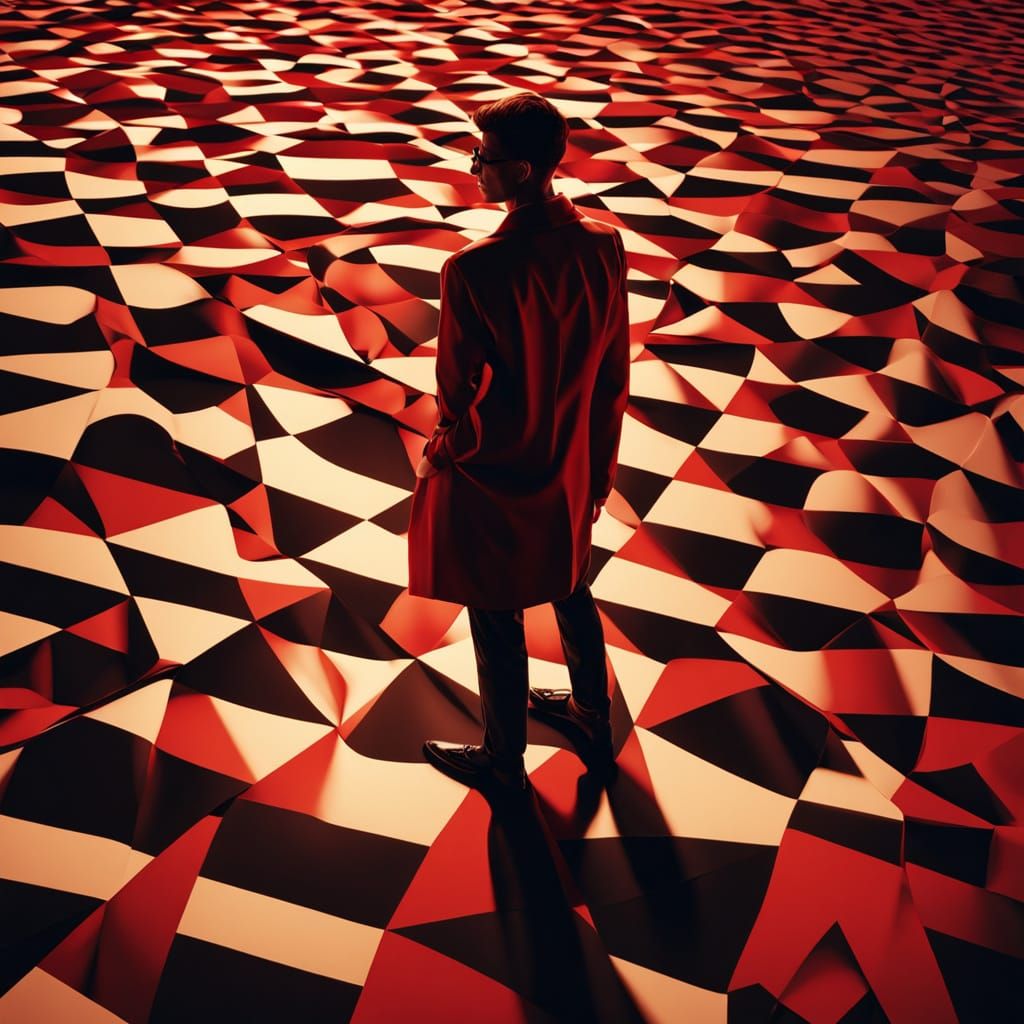 Figure on Checkered Floor in Low-Poly Art