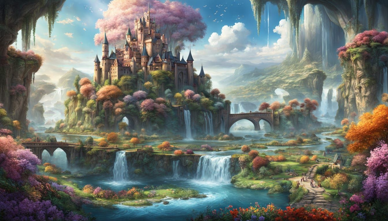 Floating Islands Utopia with Castles and Waterfalls