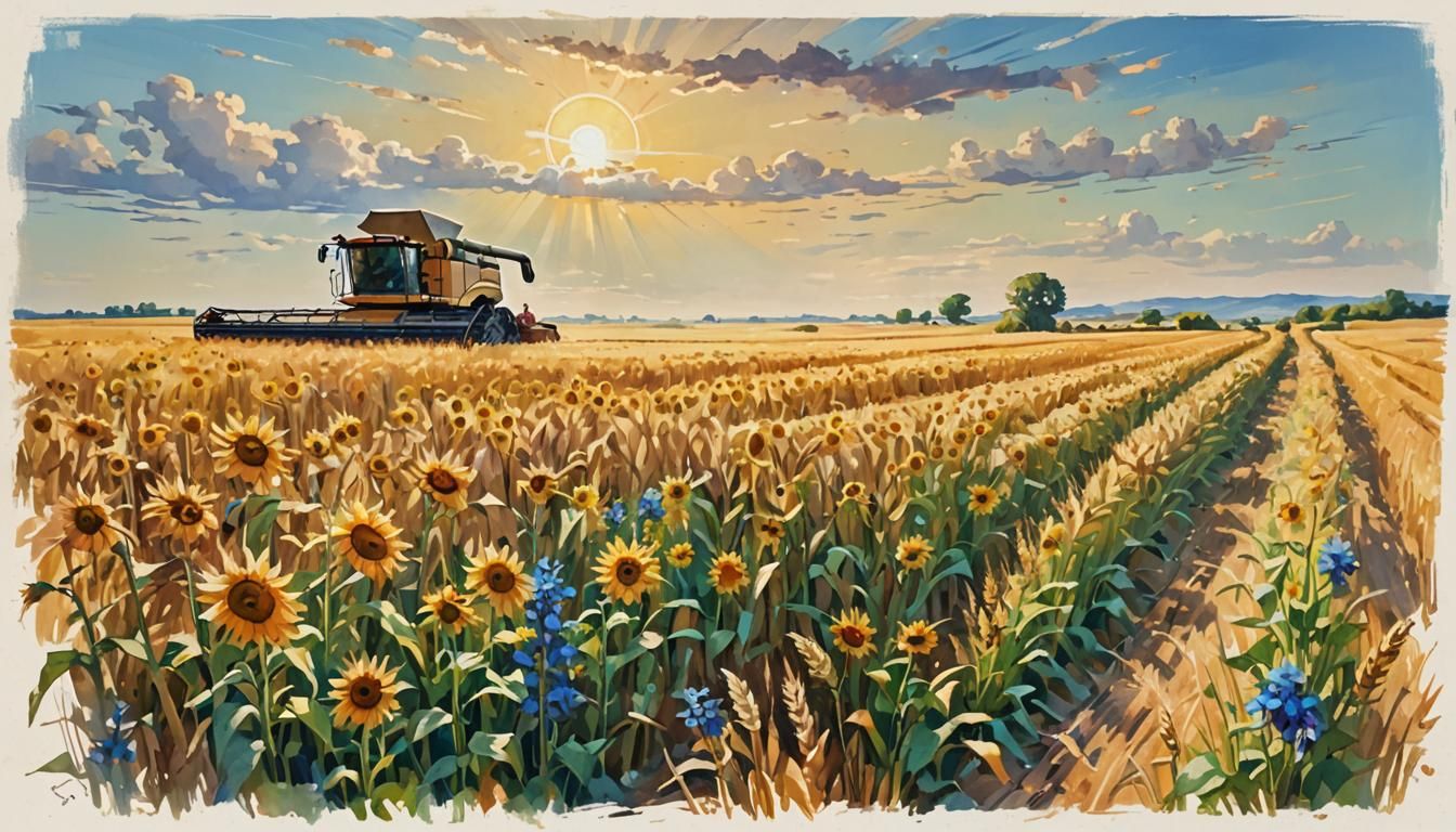 Combine Harvester in Golden Fields: Oil Painting