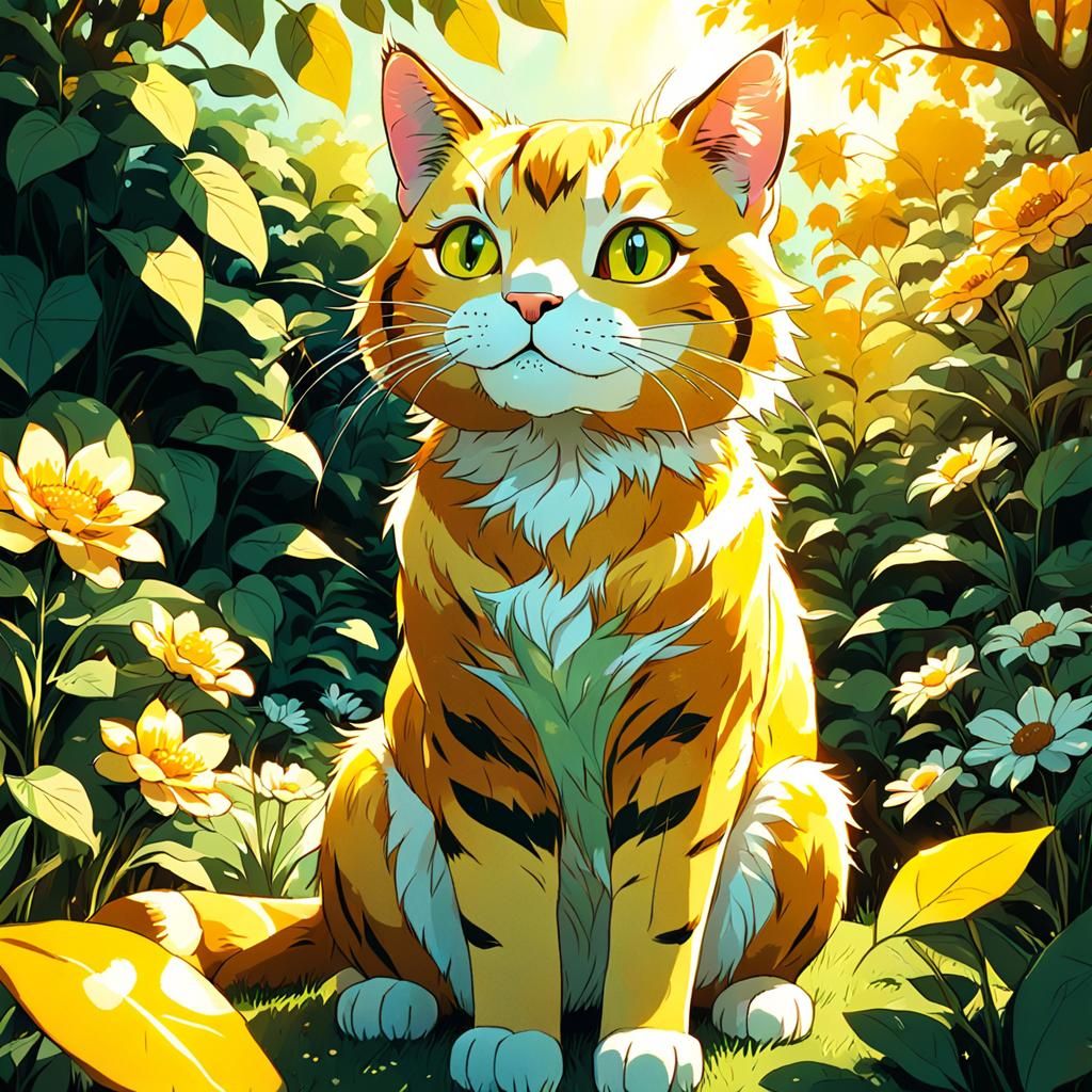 Big Yellow Cat in Vibrant Anime Garden