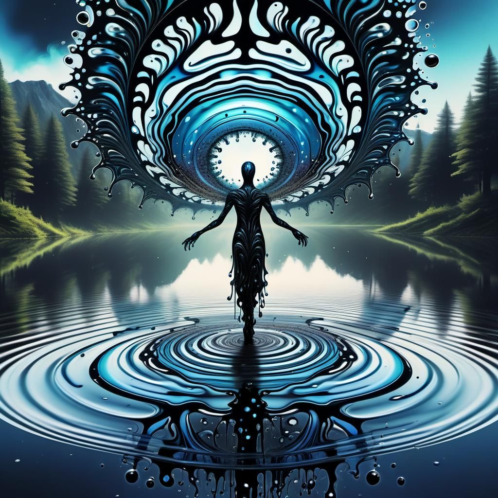 Abstract Ferrofluid Humanoid Twirling on Lake