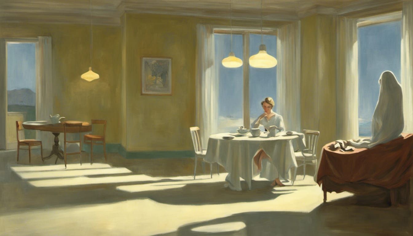 Sad Woman and Ghost in Nook, Hopper-esque