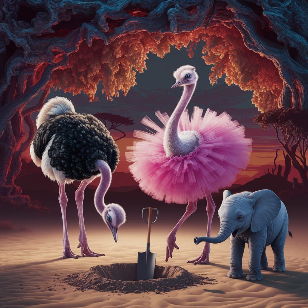 Whimsical Ostriches and Baby Elephant in Savannah