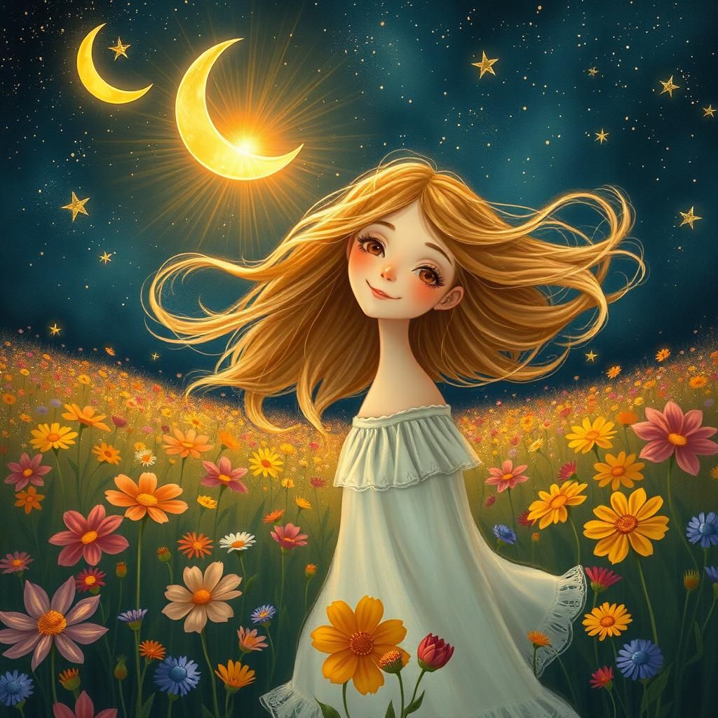 Whimsical Woman in Dreamlike Starry Landscape