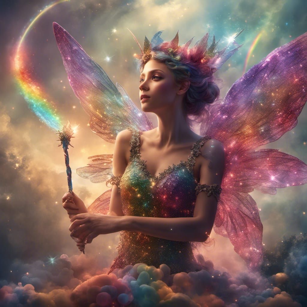Rainbow Fairy with Multicolored Wings in Sky