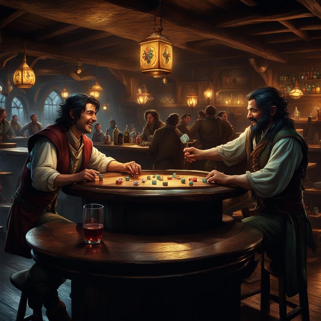 Hobbit and Hunter Enjoying Dice Game in Bar
