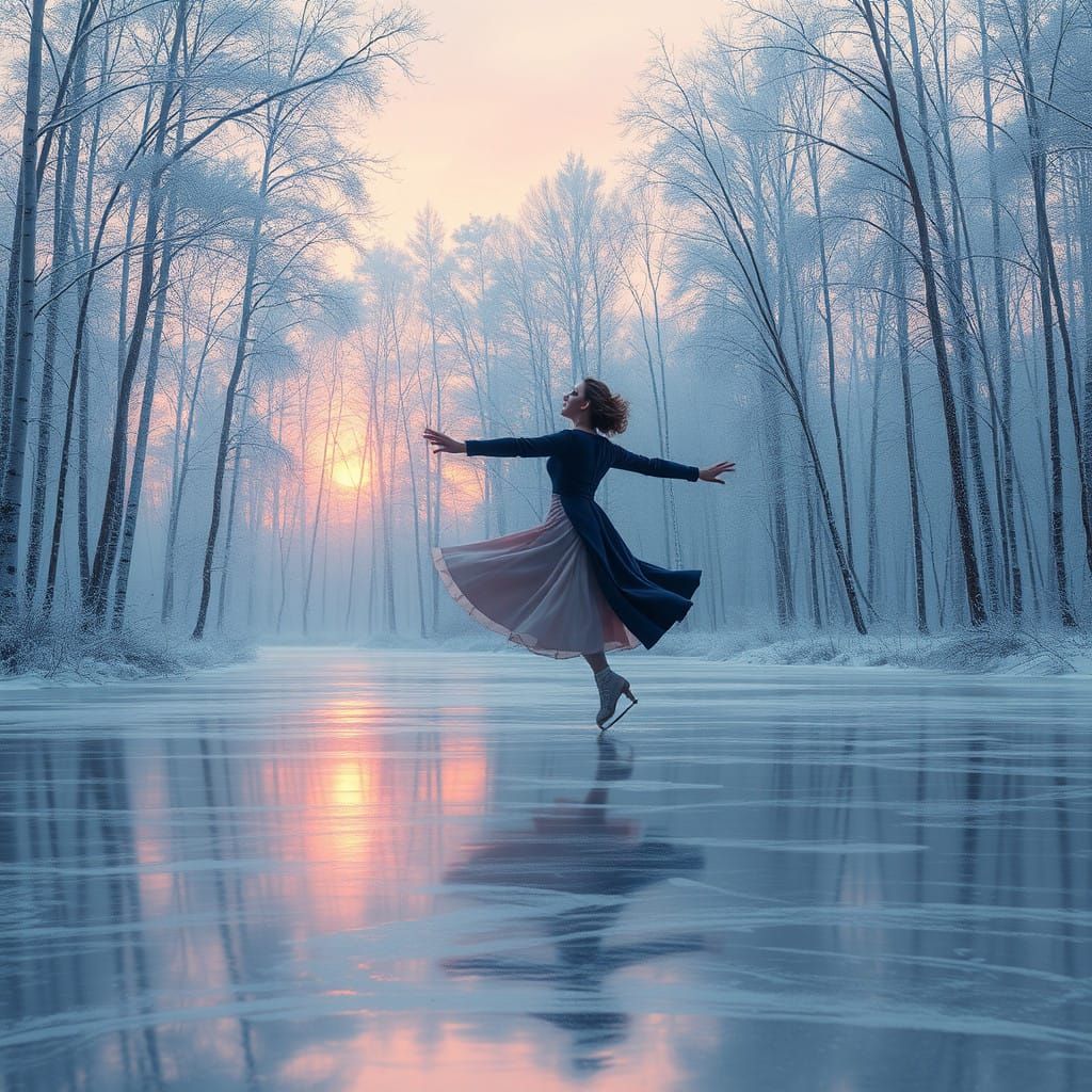 Serene Winter Woodland with Figure Skating in a Painterly St...